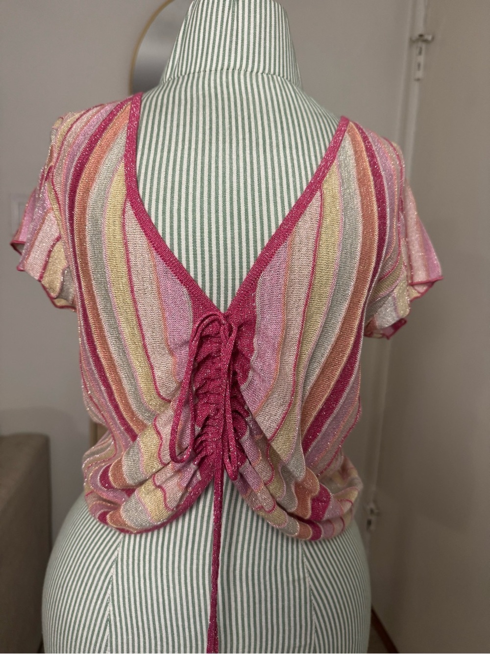 GUESS Metallic Stripe Open Back Ruched Knit Top M